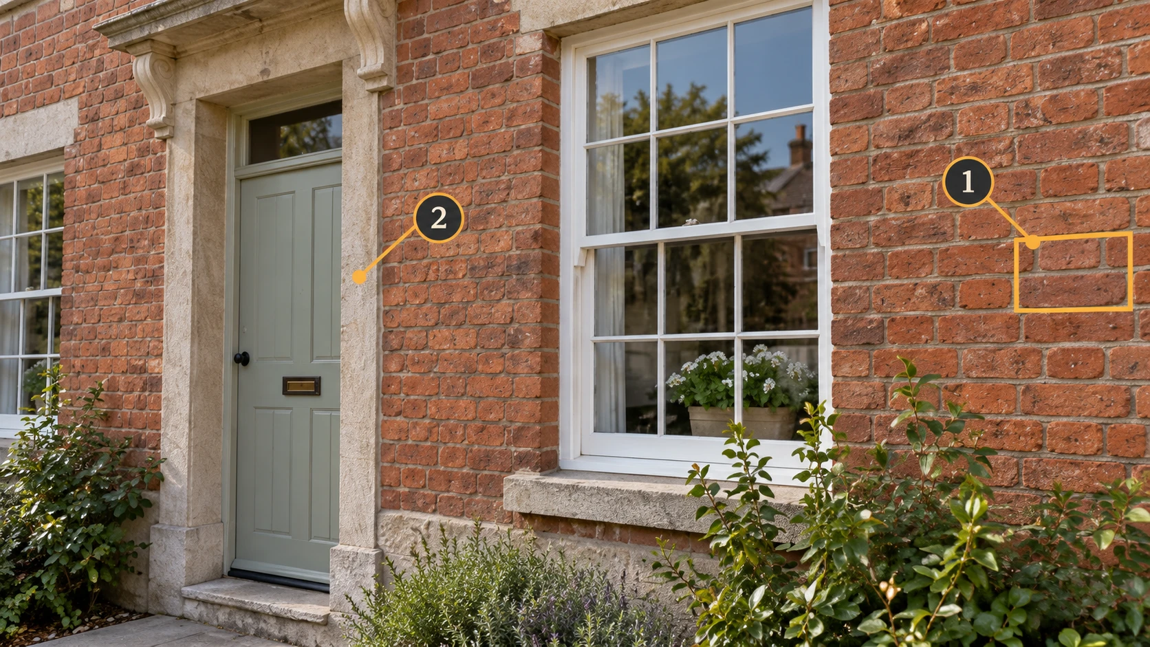 A close facade view: 1 marks mortar detail; 2 identifies the doorframe and masonry context.