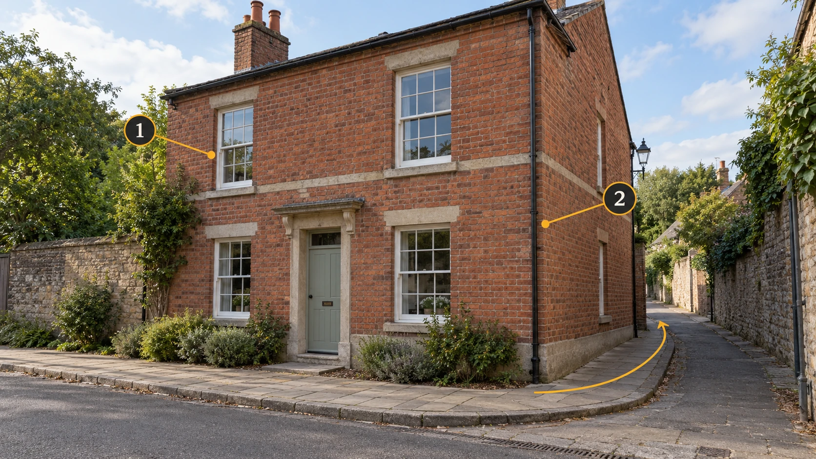 A brick corner building with facade detail and the outside corner marked; an arrow follows the sidewalk into the lane.
