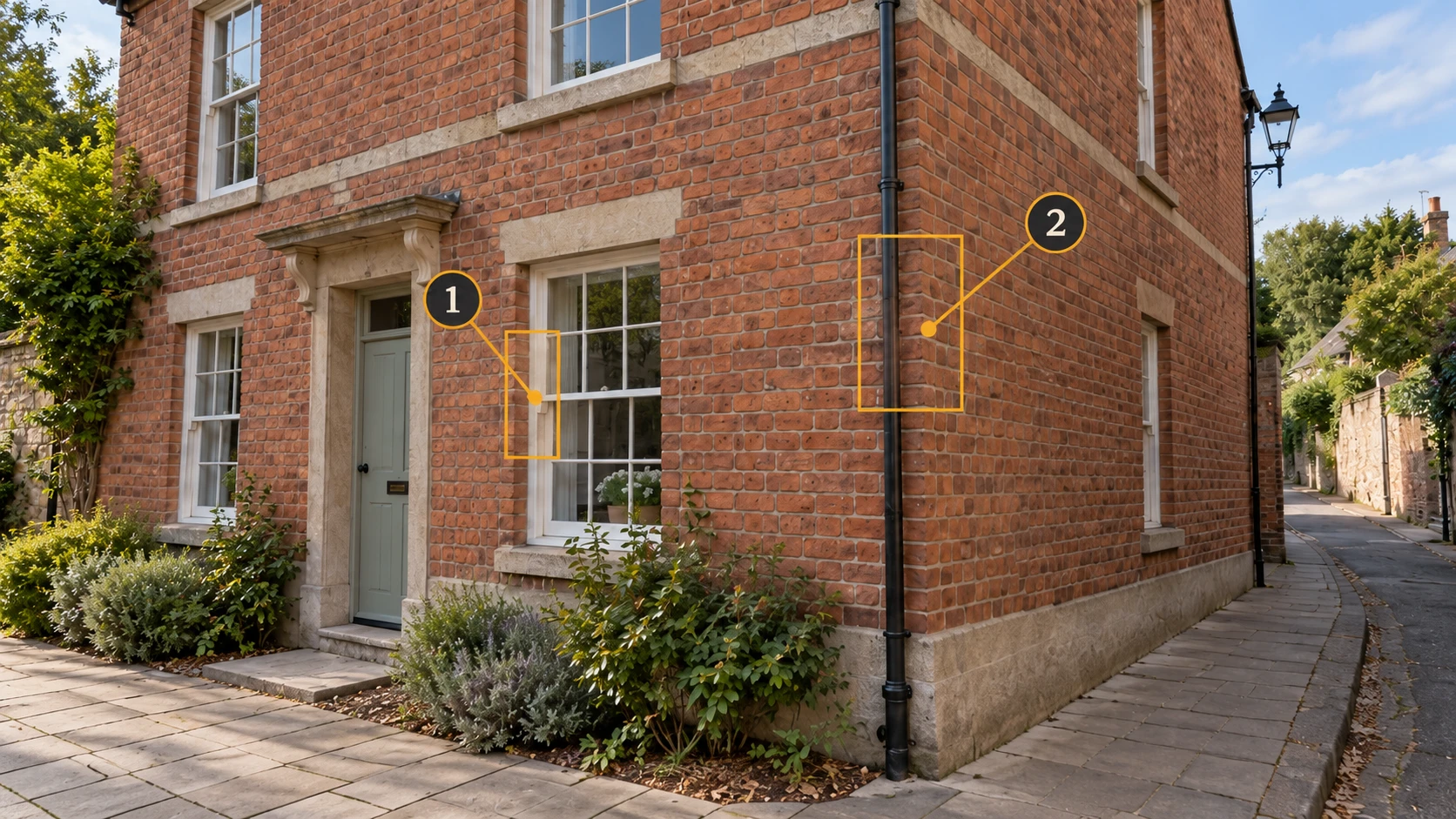 A closer sideward view: 1 marks a window recess; 2 marks brickwork continuing around the corner.