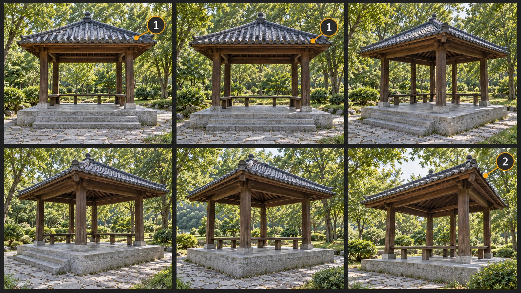 Six views of the same pavilion: 1 identifies similar front views; 2 identifies a side view.