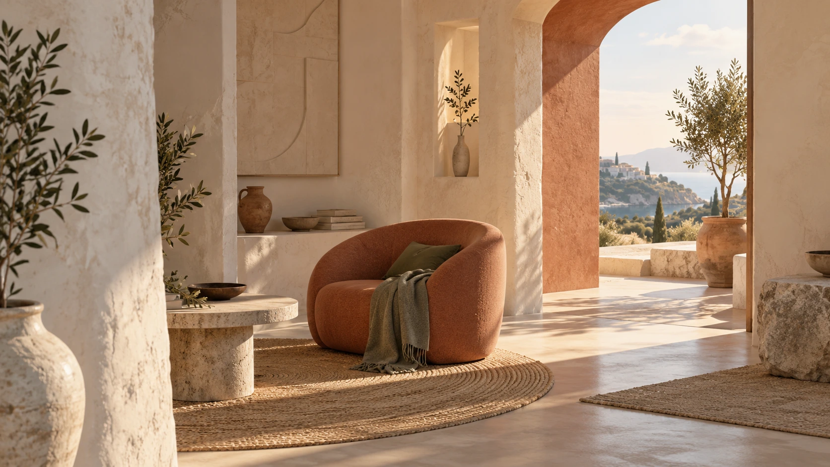 A warm interior with a nearby wall, a chair in the middle distance and a doorway farther away