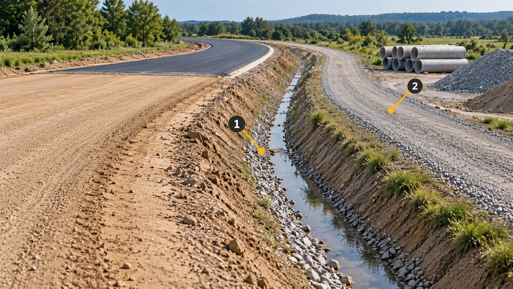 A lower roadworks view: 1 identifies the drainage channel; 2 marks the nearby access lane and staging area.