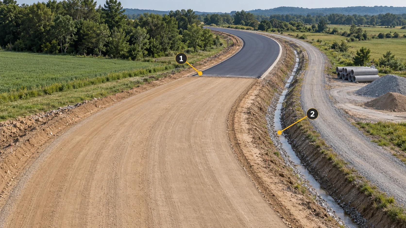 Road-widening overview: 1 marks the roadbed-to-asphalt transition; 2 identifies drainage beside temporary access.