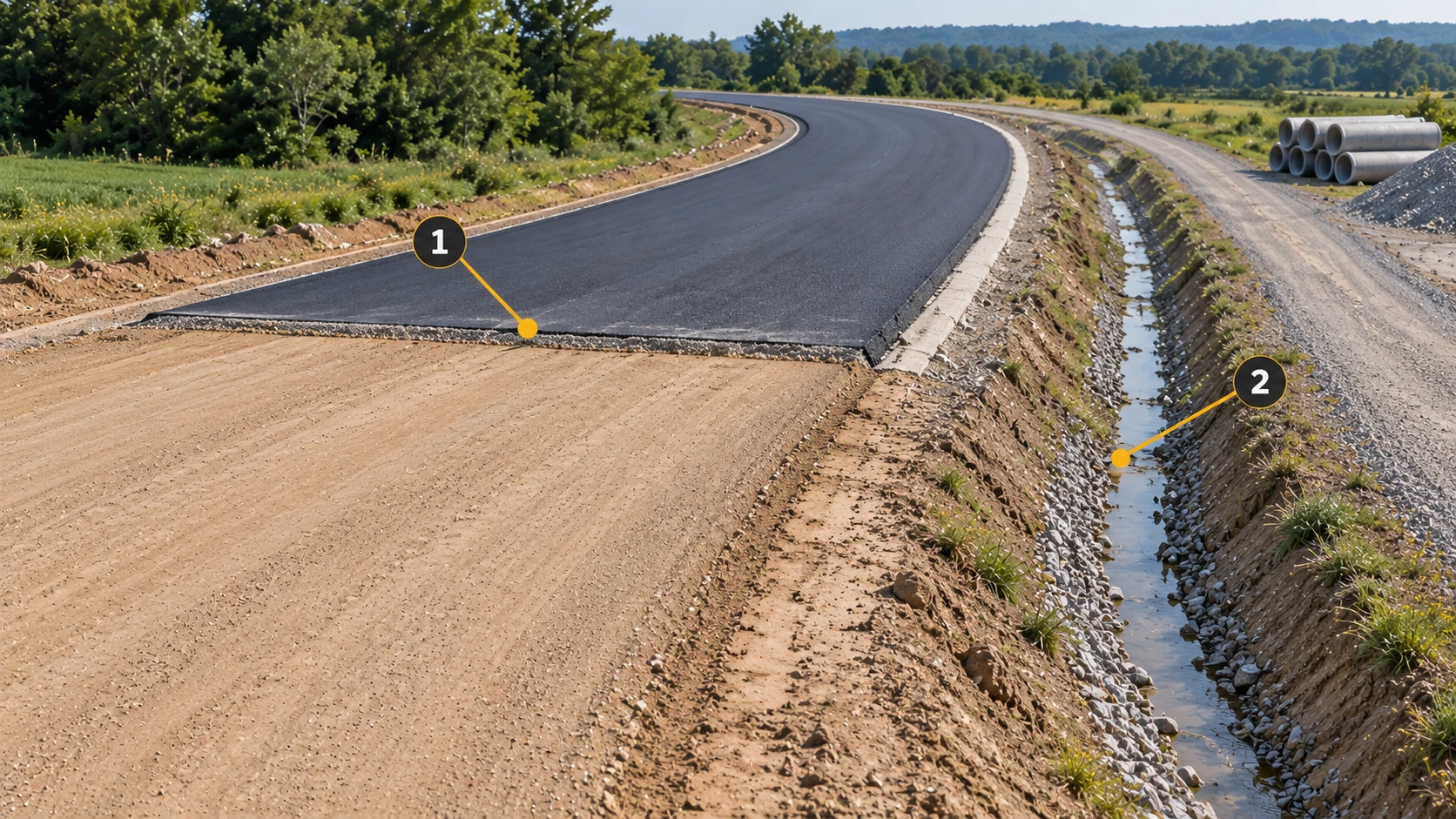A closer view of the paving transition: 1 identifies the discussion point; 2 retains its drainage and access context.
