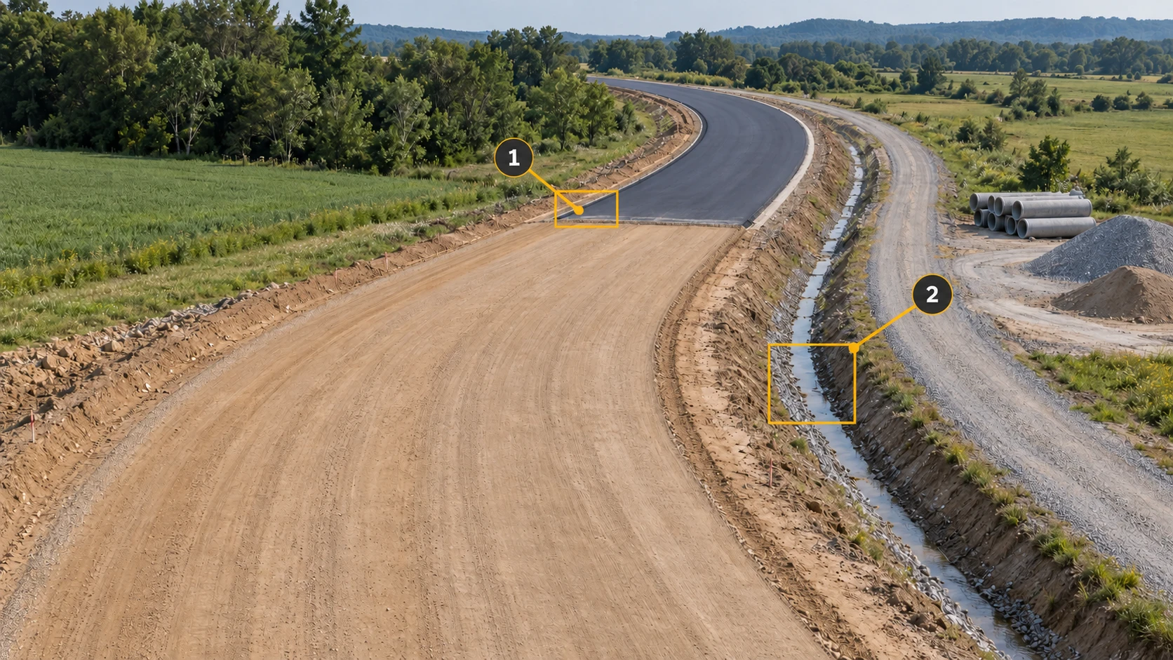 Repeat observation locations: 1 marks the paving transition; 2 marks a reference area beside drainage.