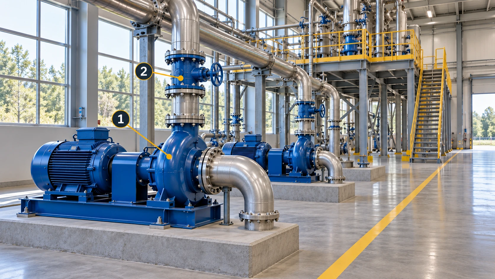 The same pump from the side: 1 marks the unit; 2 marks its connected pipe and valve, with a neighboring pump visible.
