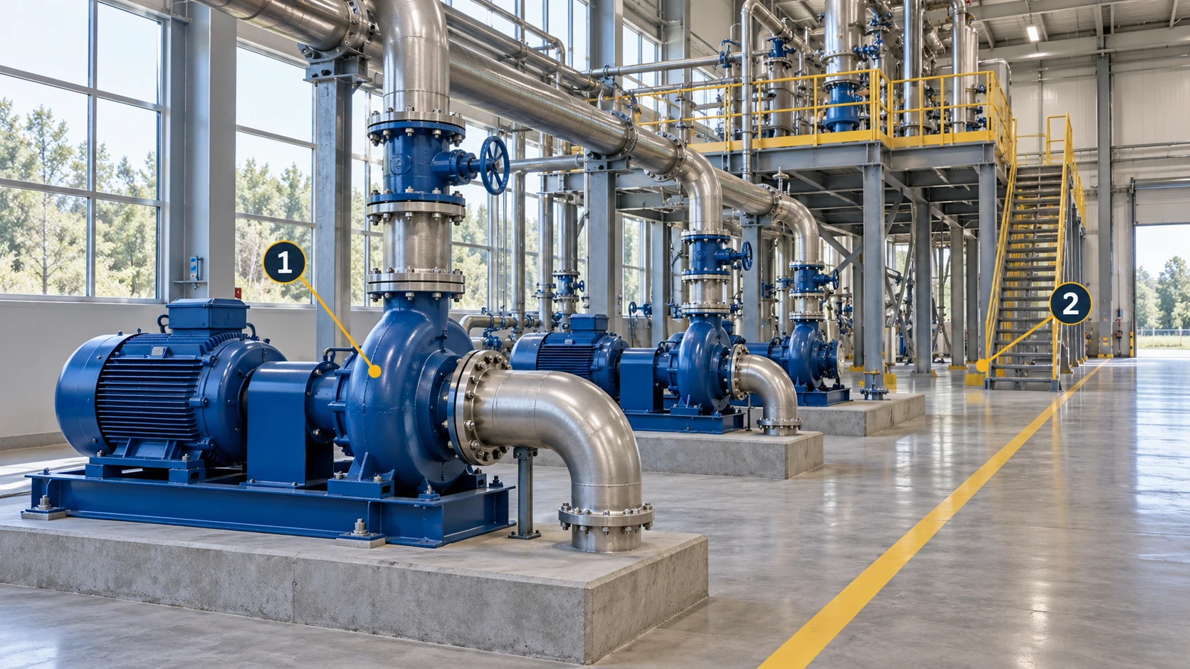 A pump hall: 1 identifies the foreground pump; 2 marks the aisle-to-platform stair connection.