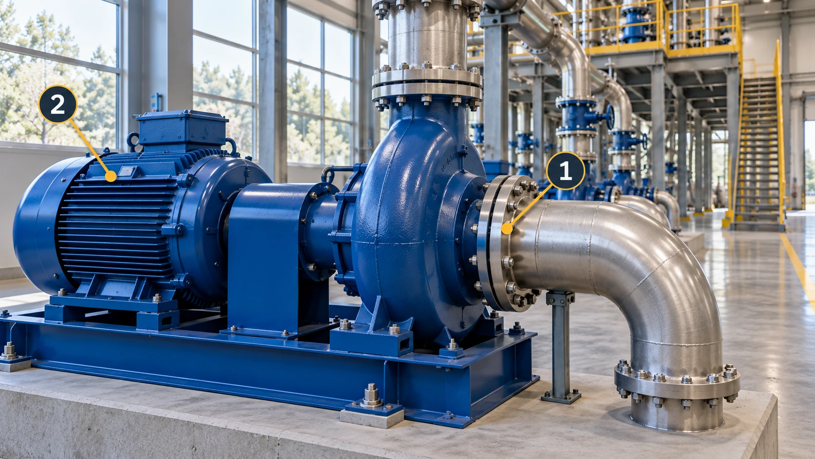 A pump detail: 1 marks the connection to photograph; 2 identifies the motor and plinth as context.