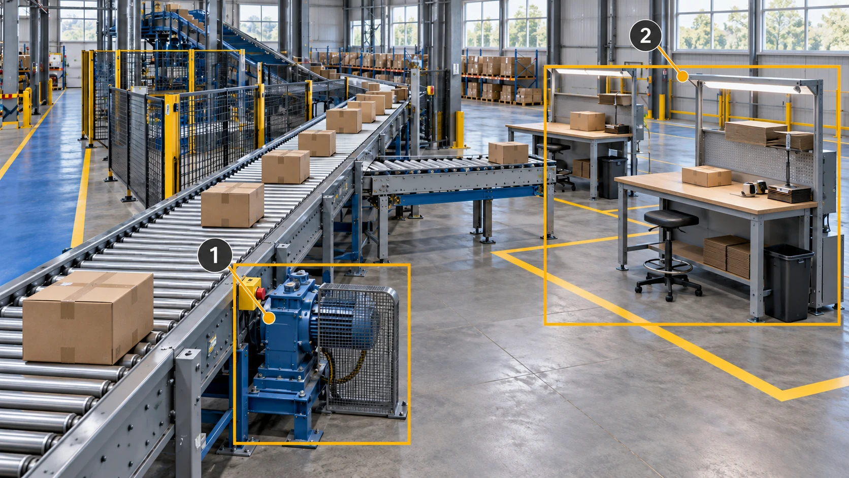 Physical objects in the sorting area: 1 outlines the conveyor drive; 2 outlines the workstation zone.