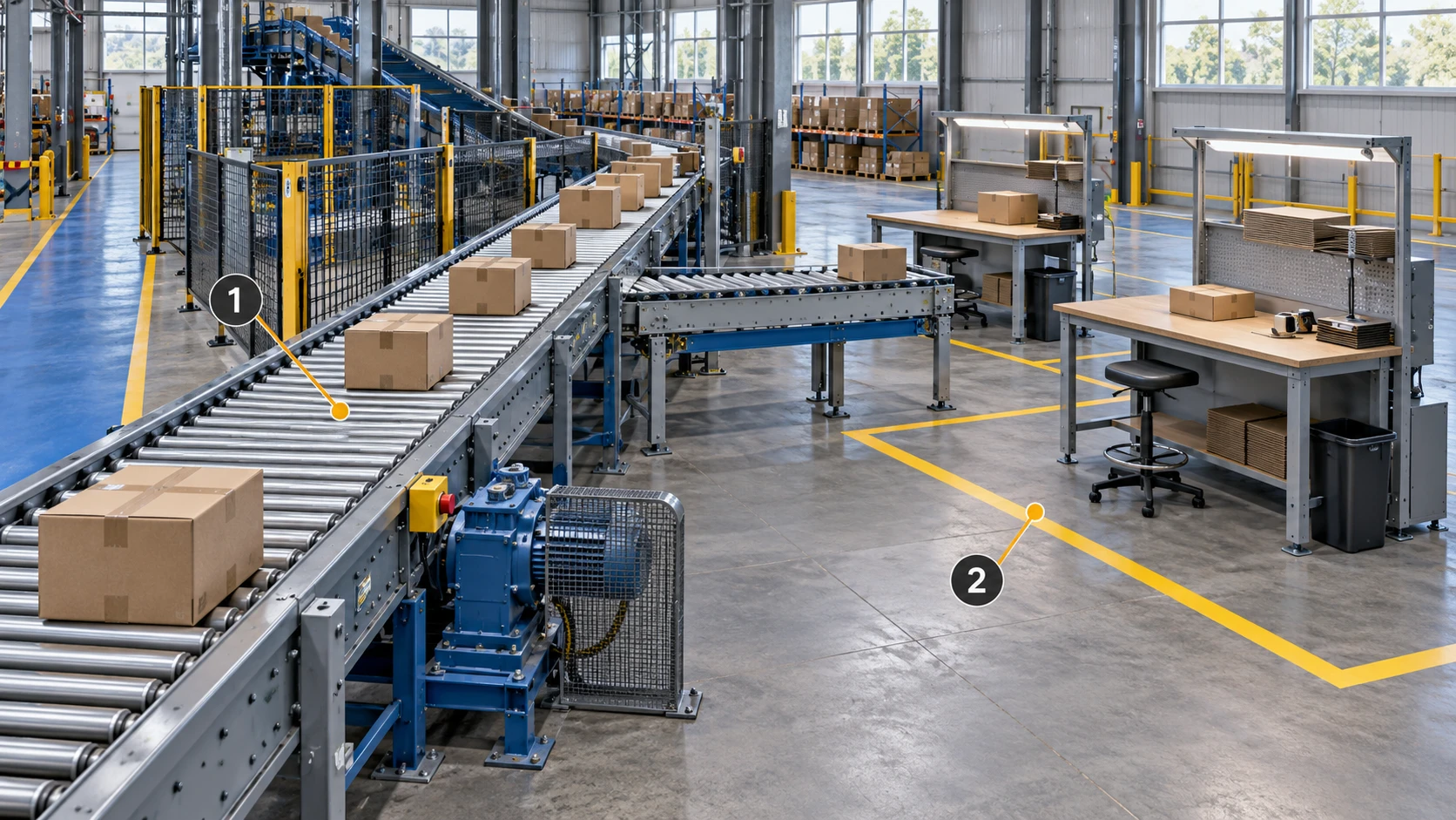 A logistics area: 1 marks a conveyor segment; 2 identifies a neighboring workstation and floor zone.