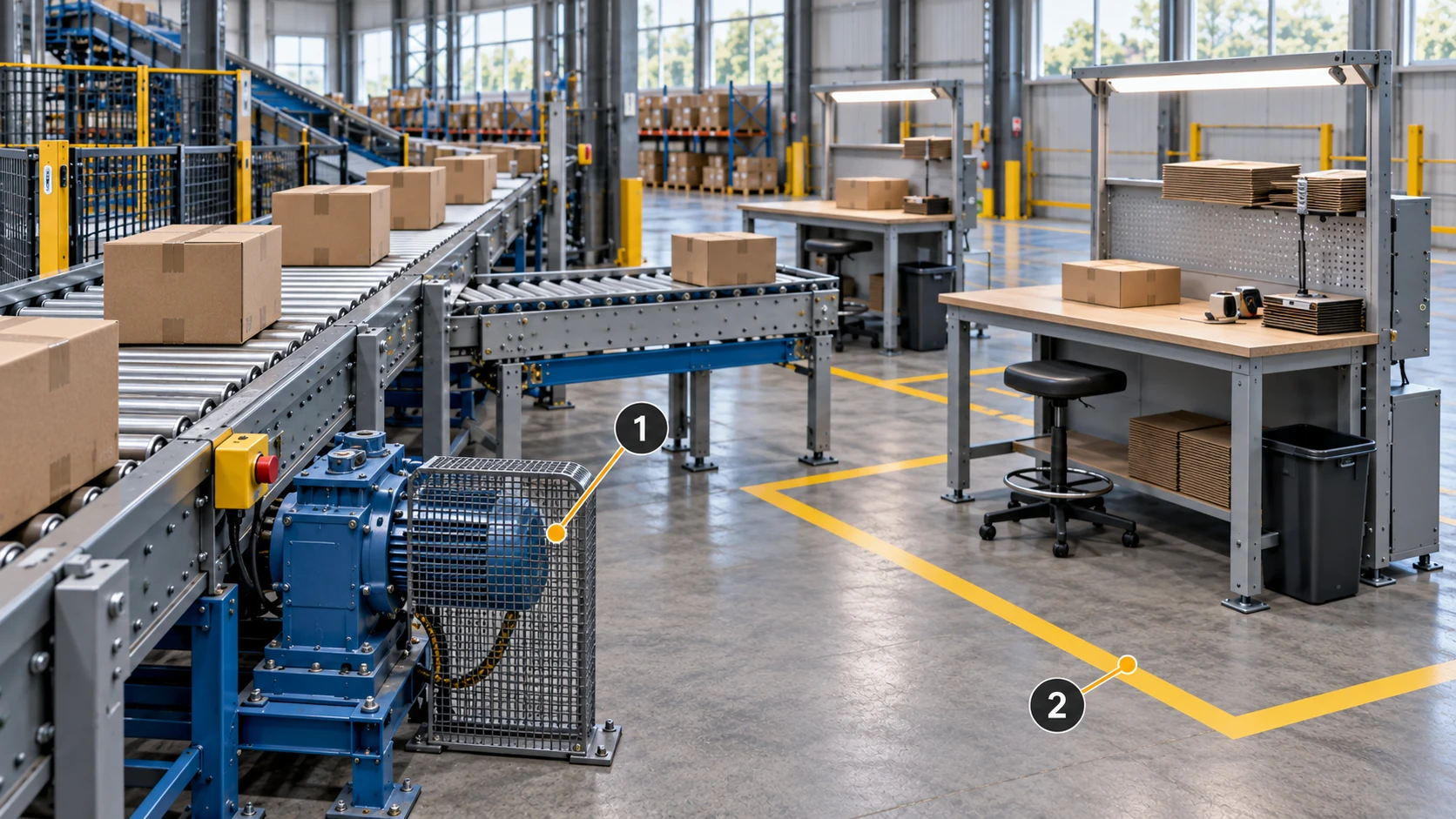 A conveyor drive with its neighboring workstation: markers identify the physical asset and area to map to records.