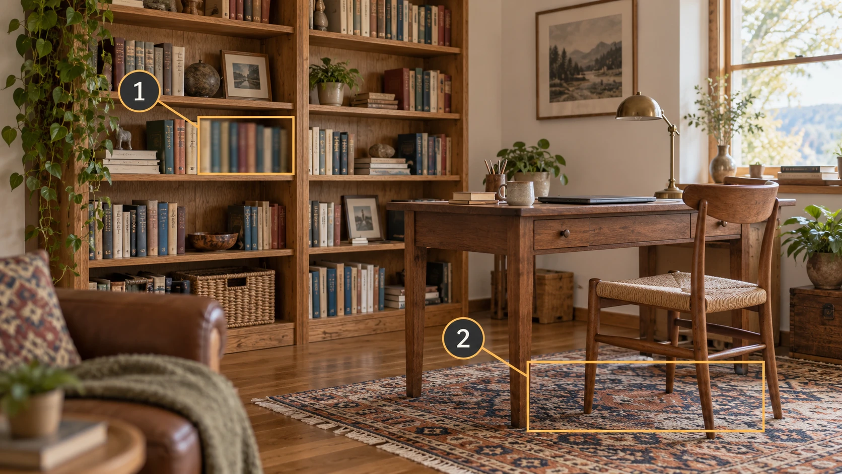 An annotated study: marker 1 outlines soft book spines; marker 2 outlines nearby rug detail and chair legs.