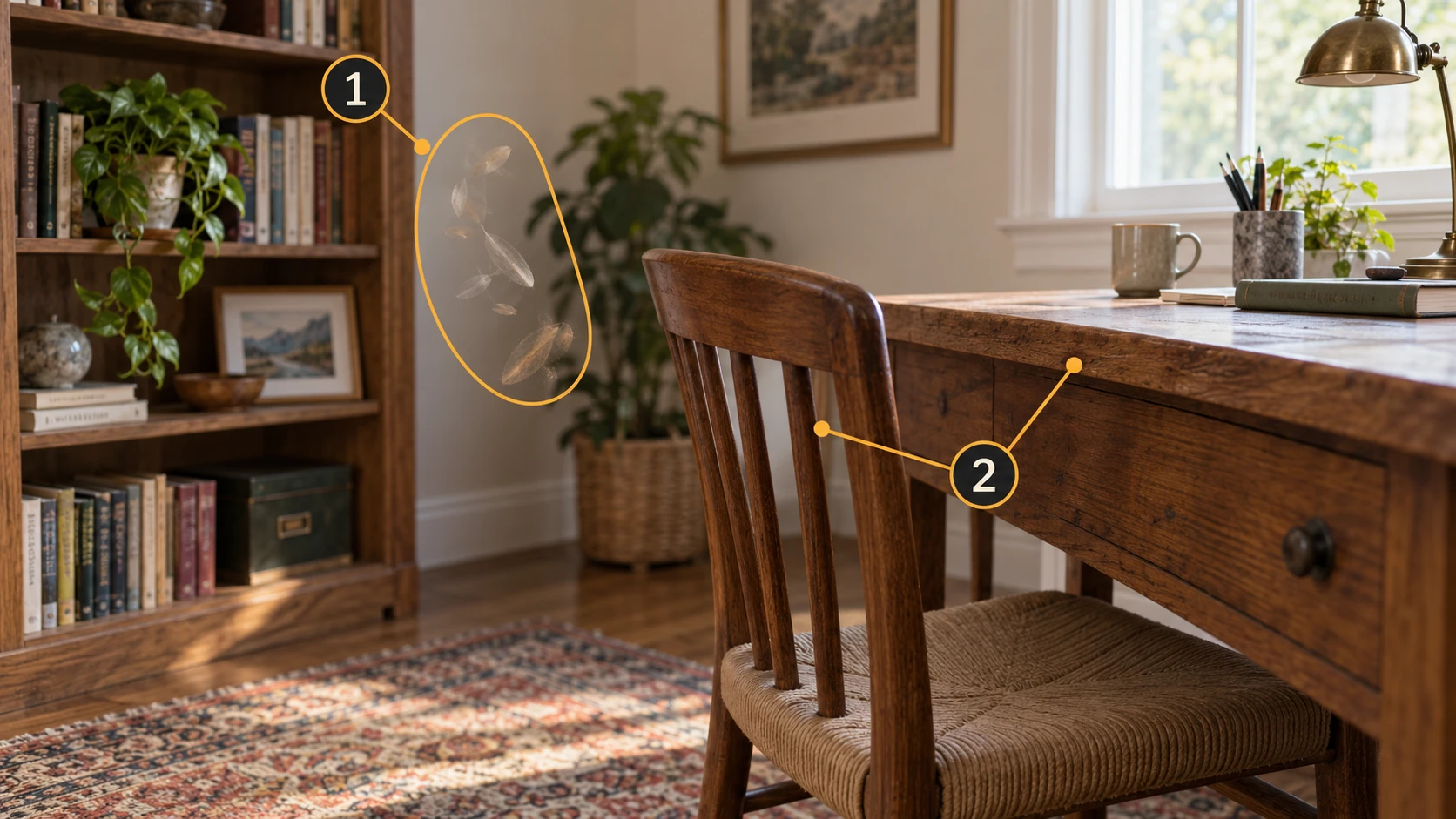 Marker 1 encloses fragments beside a desk; marker 2 identifies nearby desk and chair structure to preserve.