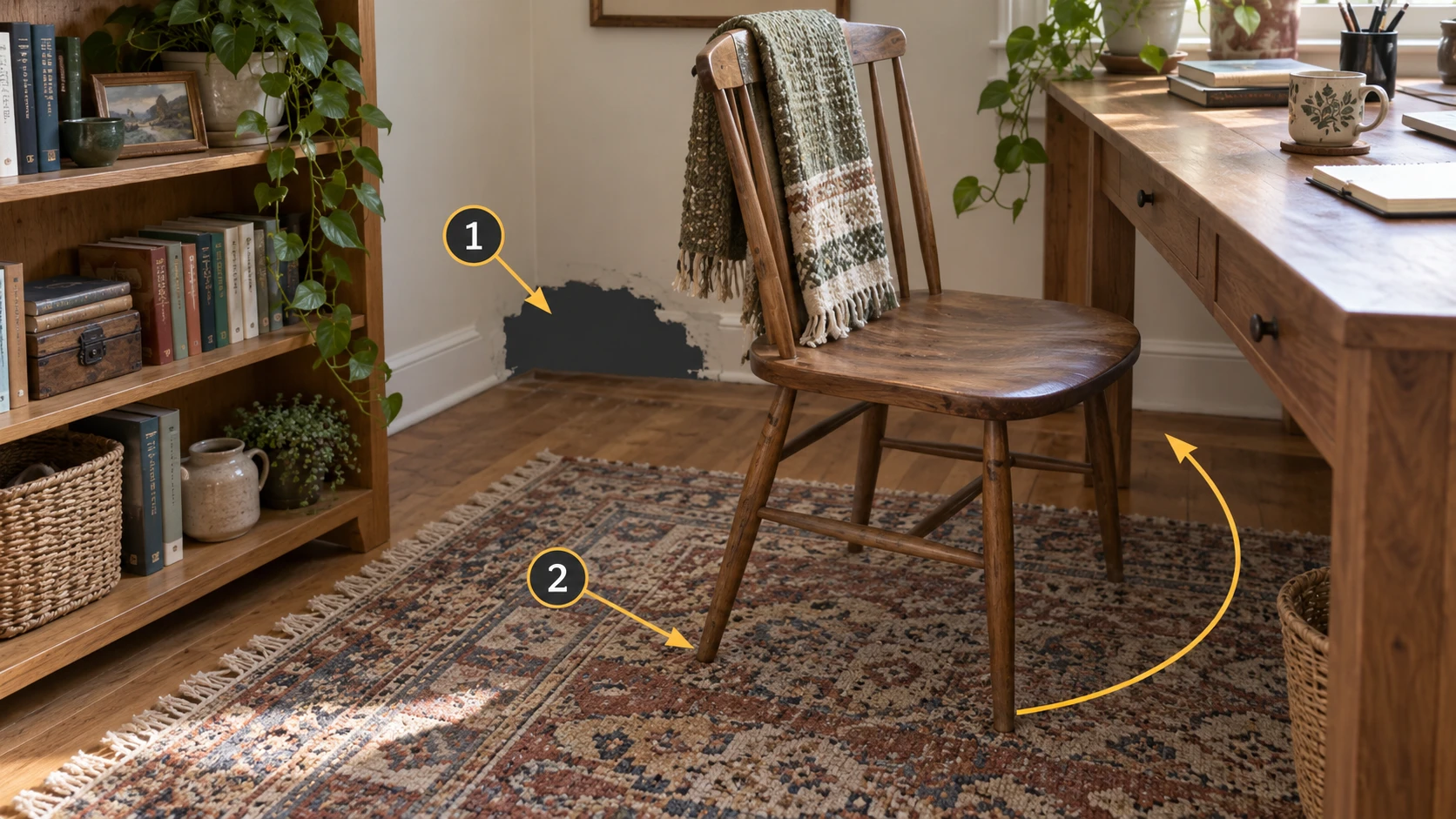 Marker 1 identifies a gap behind the chair; marker 2 shows intact nearby features. A floor arrow indicates moving around the chair to reshoot.