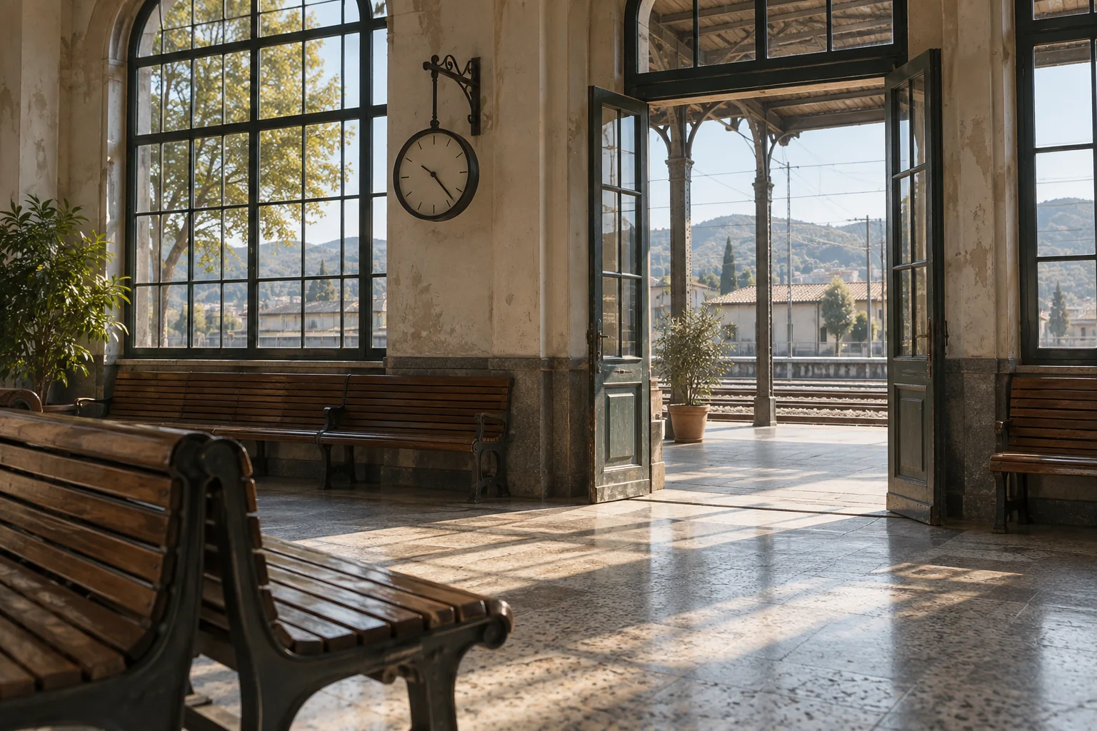 Daylight through a railway waiting hall