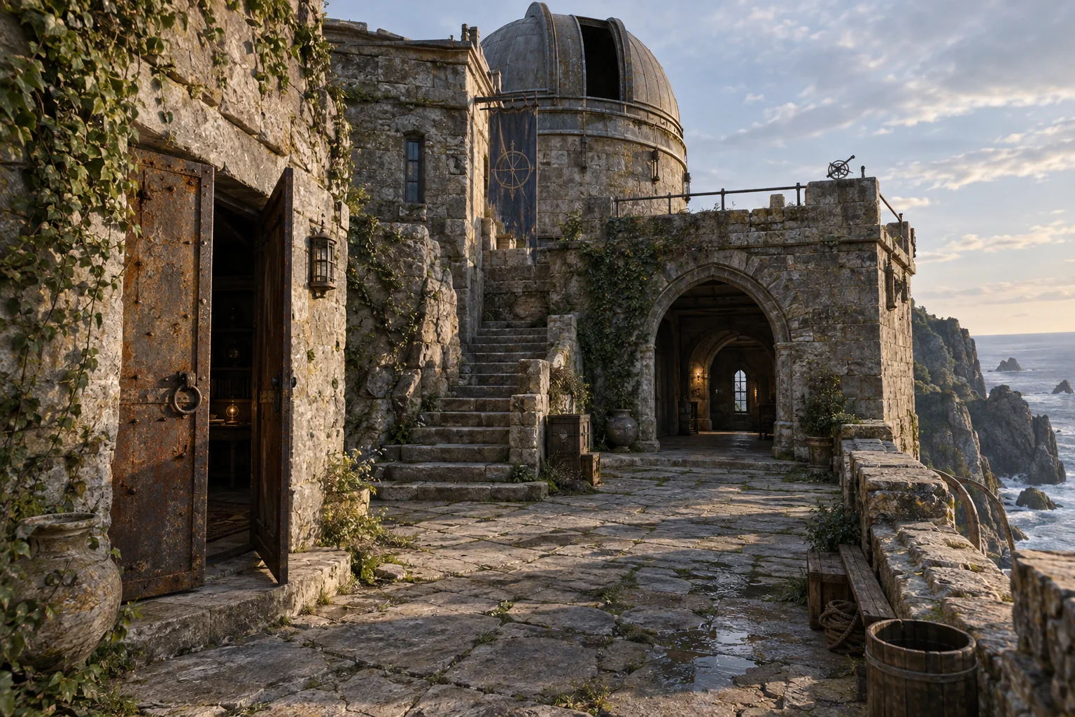 Steps, archways and branching paths in a stone courtyard