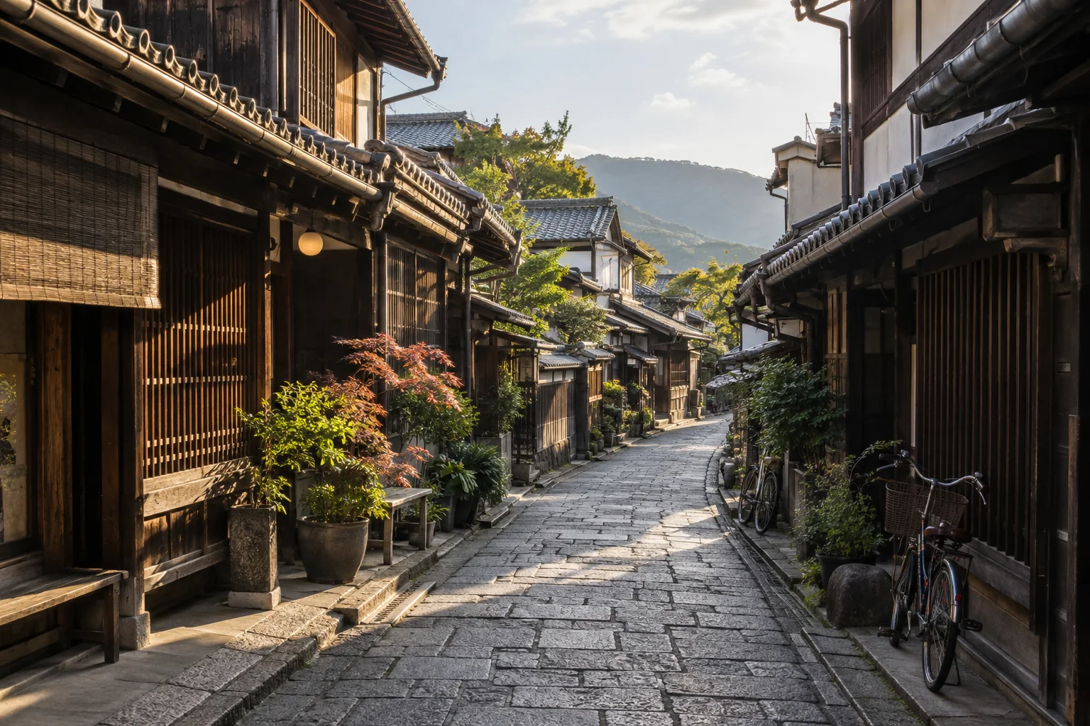 Timber buildings and stone paving in a historic street