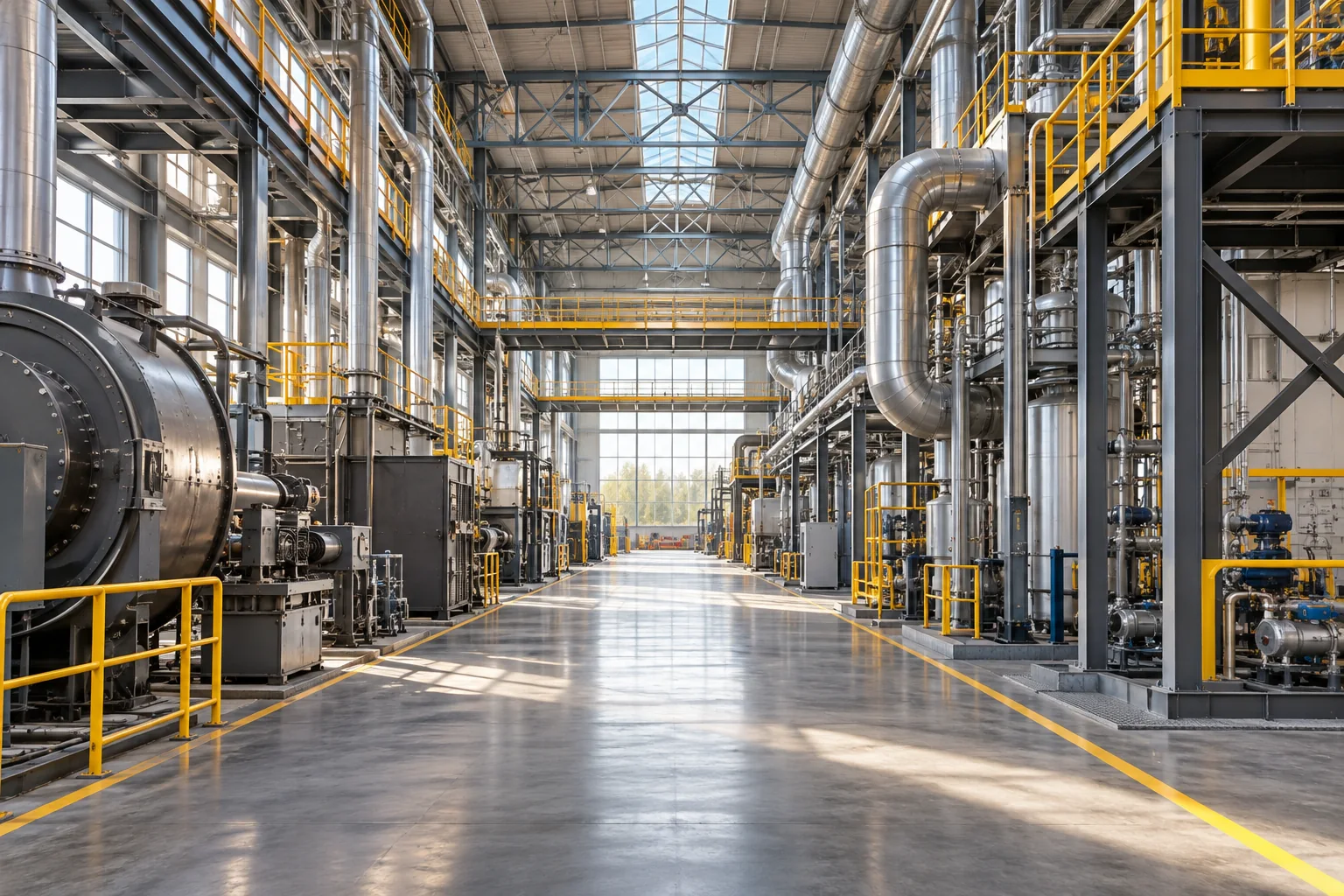 Equipment, pipes and walkways inside an industrial facility