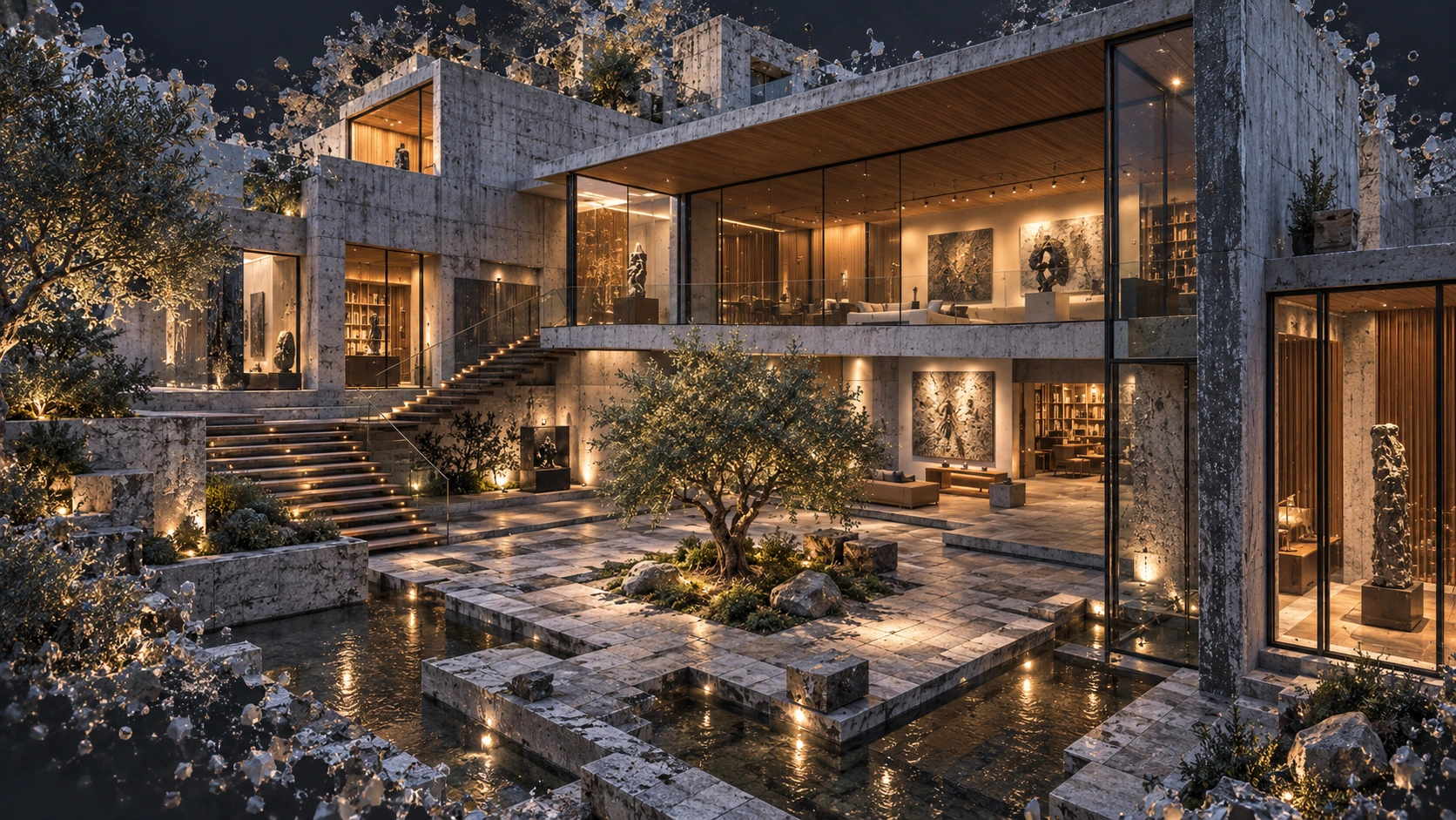 Architectural spatial reconstruction artwork with a building and courtyard