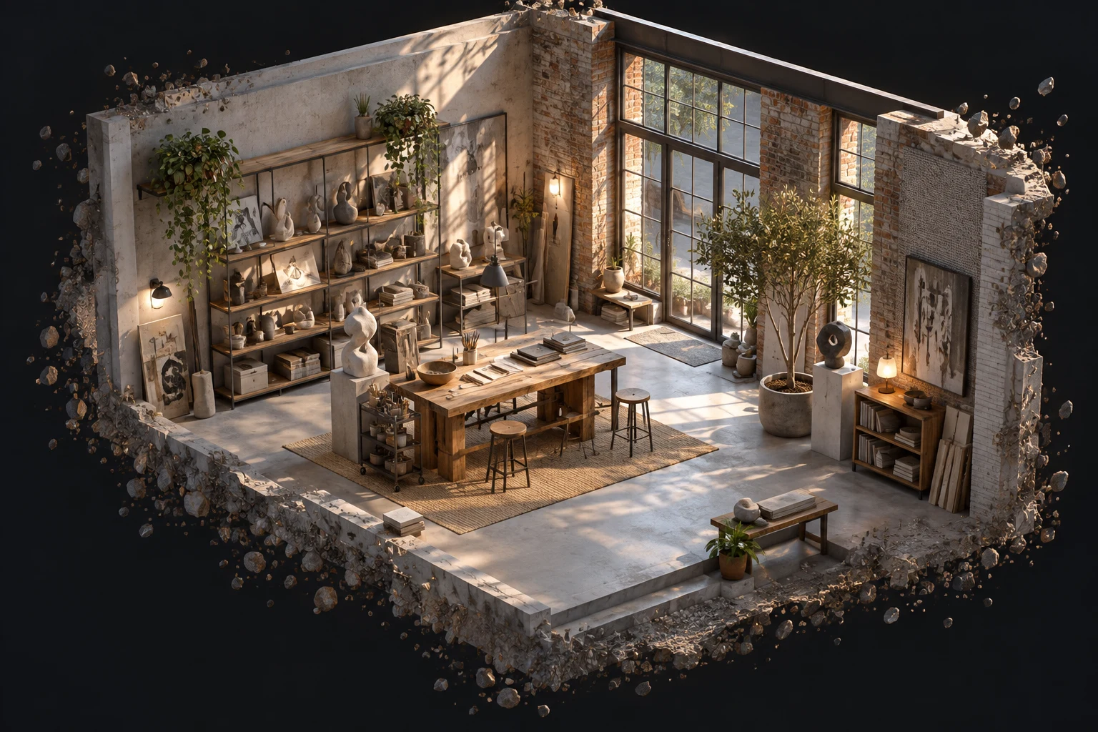 A dimensional cutaway of a workshop interior